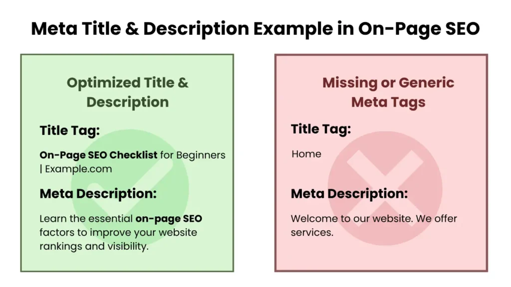 Optimized vs unoptimized meta title and description tags in On-Page SEO.
