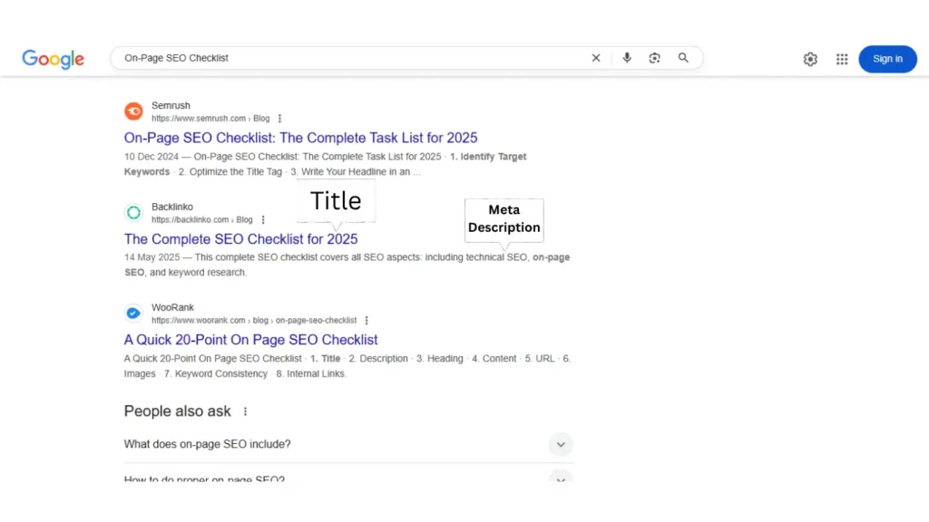 Example of how Title and Meta Description appear in Google search results – part of a well-structured On-Page SEO checklist.